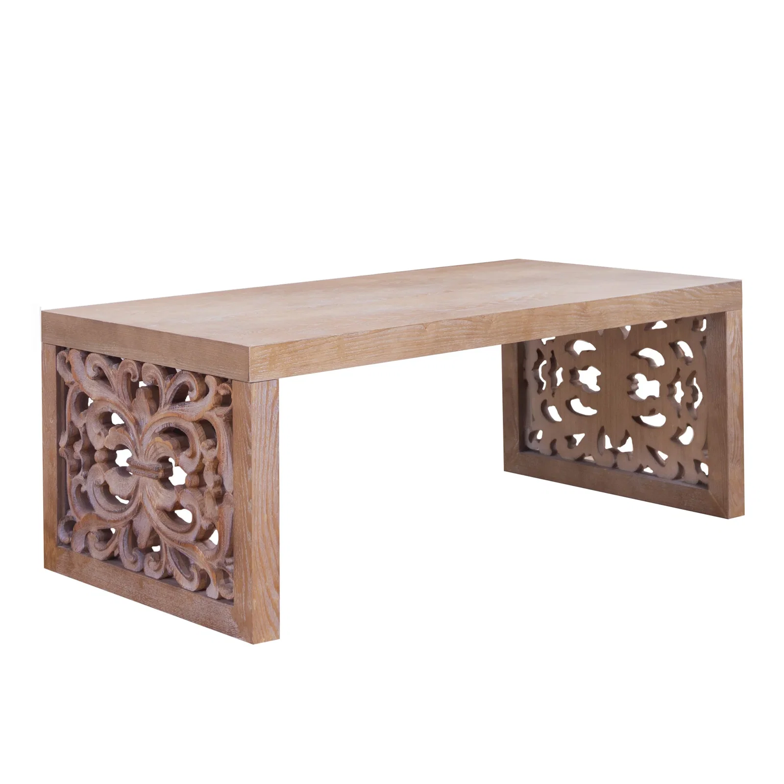 Image of Handcrafted Rustic Wood Coffee Table with Ornate Side Panels