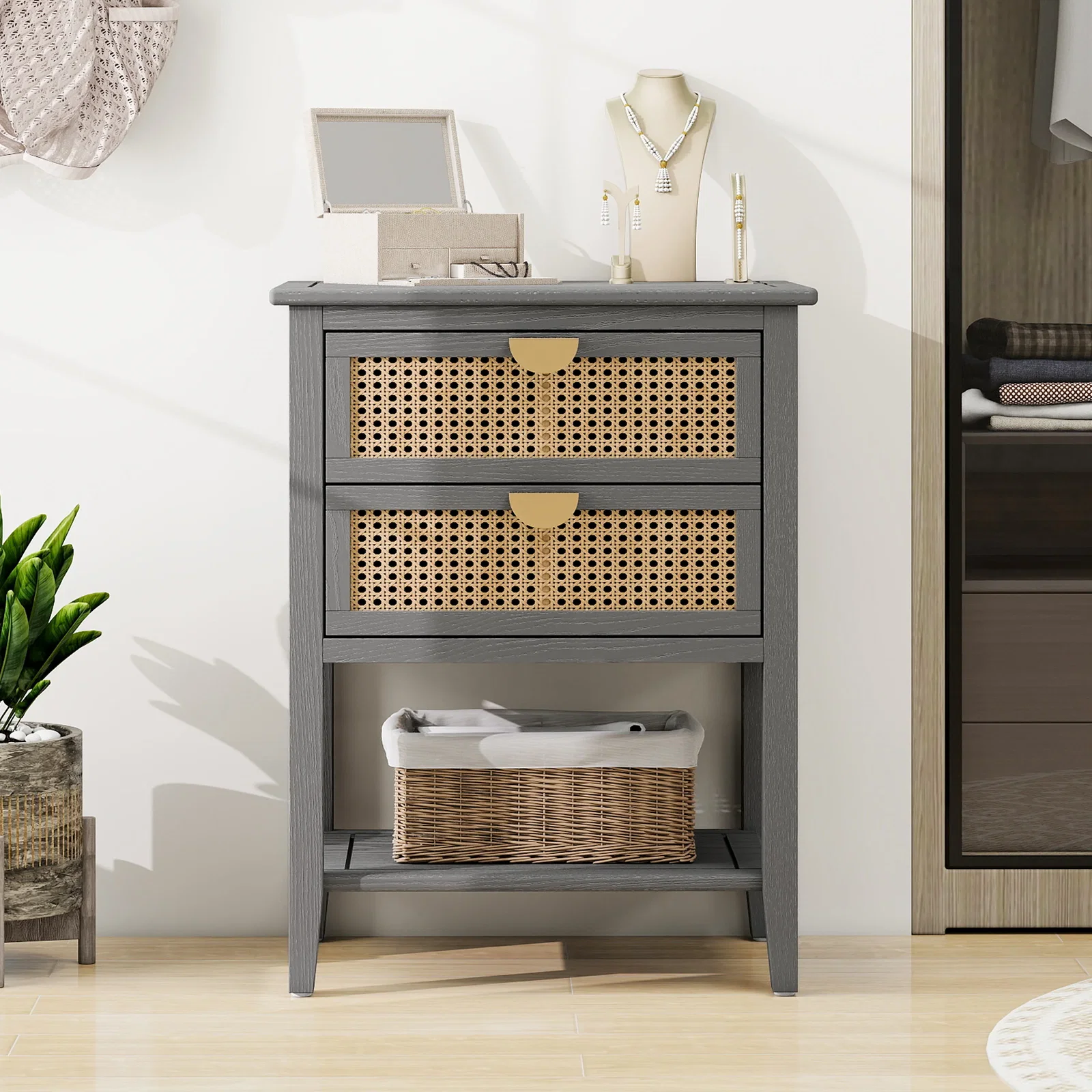 Image of 2-Drawer Side Table with Natural Rattan Drawers