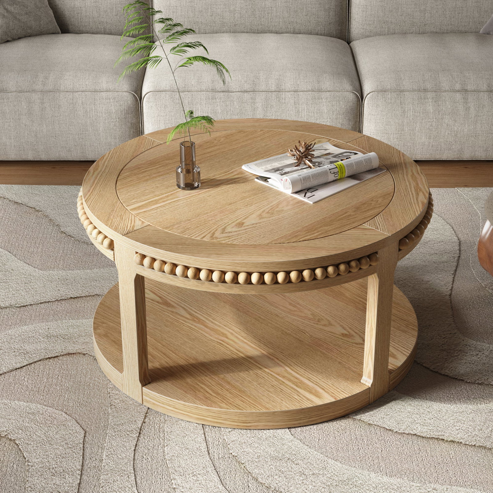 Image of Round Solid Wood Coffee Table with Beaded Accent Edge
