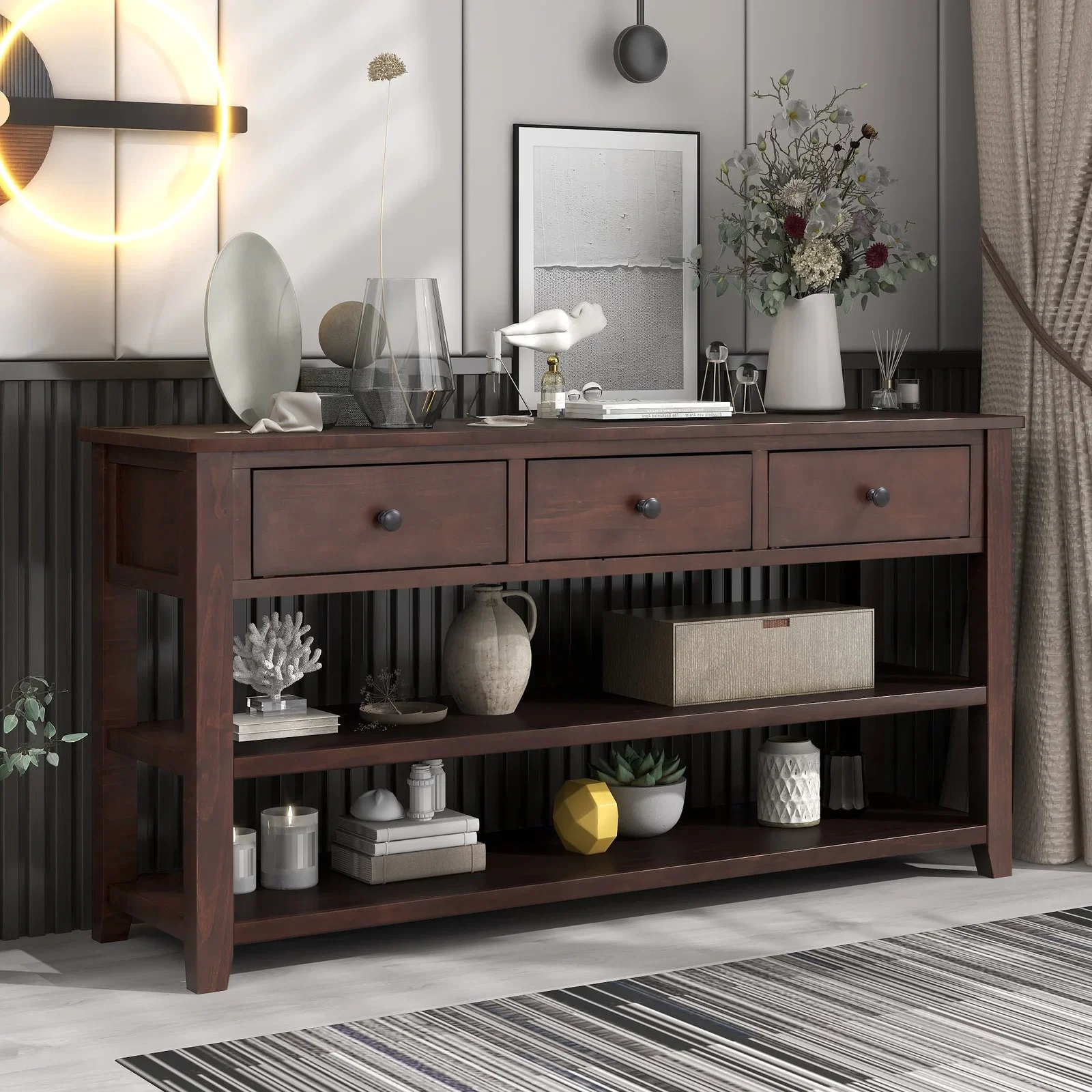 Image of Finley 50'' Wood Console Table with 2 Open Shelves and 3 Storage Drawers