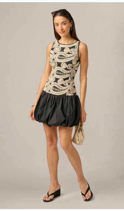 Embroidered Cotton Drop Waist Bubble Dress In Black Ecru
