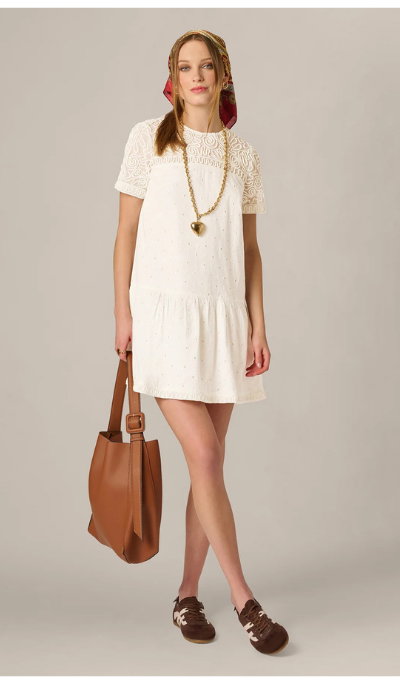 Short Sleeve Drop Waist Cotton Eyelet Shift Dress In Ivory