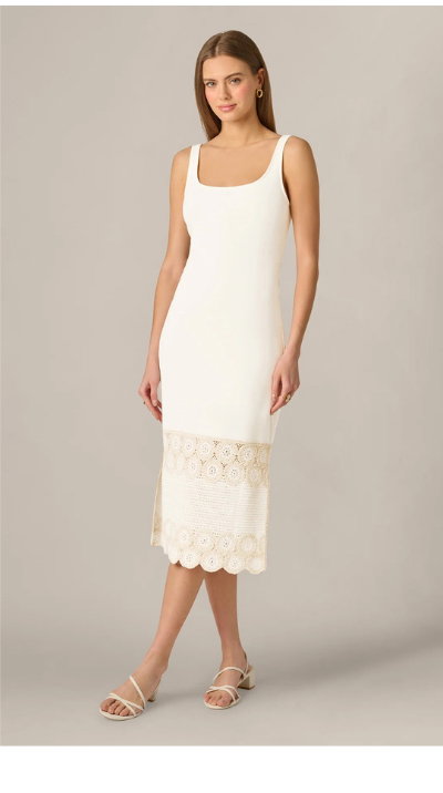 Crochet Trimmed Sheath Midi Dress With Tank Straps In Ivory