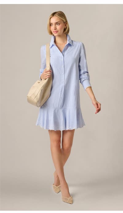 Long Sleeve Embroidered Hem Hailey Dress In Blue White