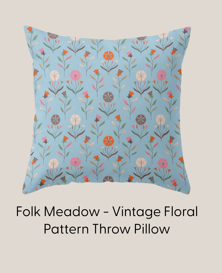 Folk Meadow - Vintage Floral Pattern Throw Pillow