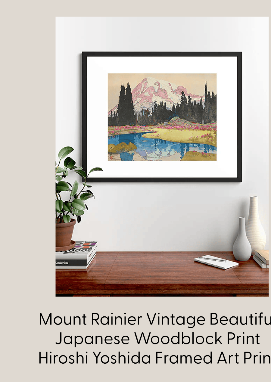 Mount Rainier Vintage Beautiful Japanese Woodblock Print Hiroshi Yoshida Framed Art Print