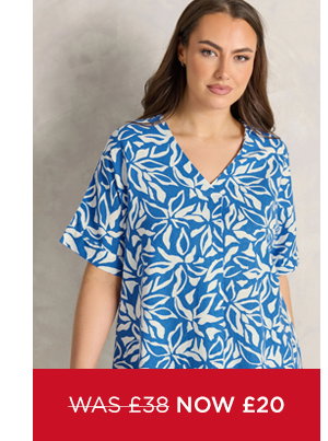EVANS Curve Blue Leaf Print Premium Linen Front Pleat Top