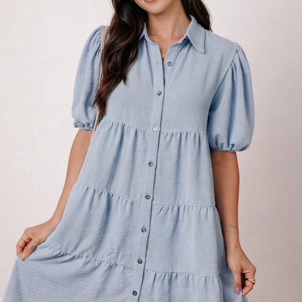 Sky Blue Tiered Puff Sleeve Dress