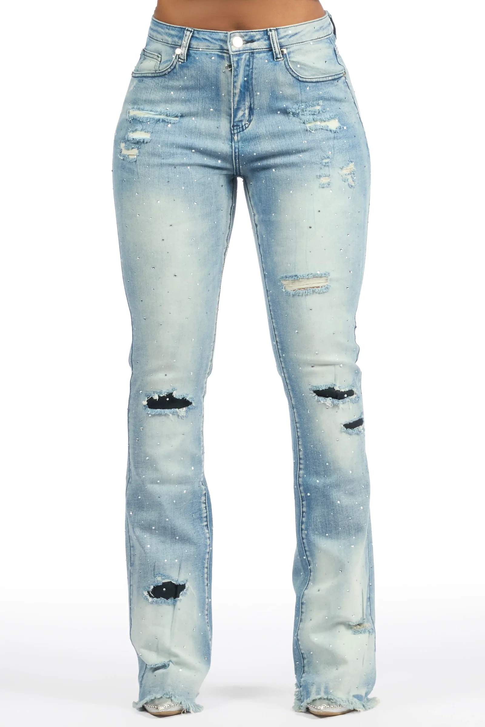 Image of Kelle Med. Wash Rhinestone Stacked Jean