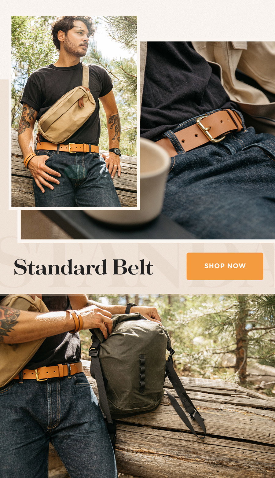 Three photos showcasing the Saddle Tan Standard belt worn by the same model on a hike.