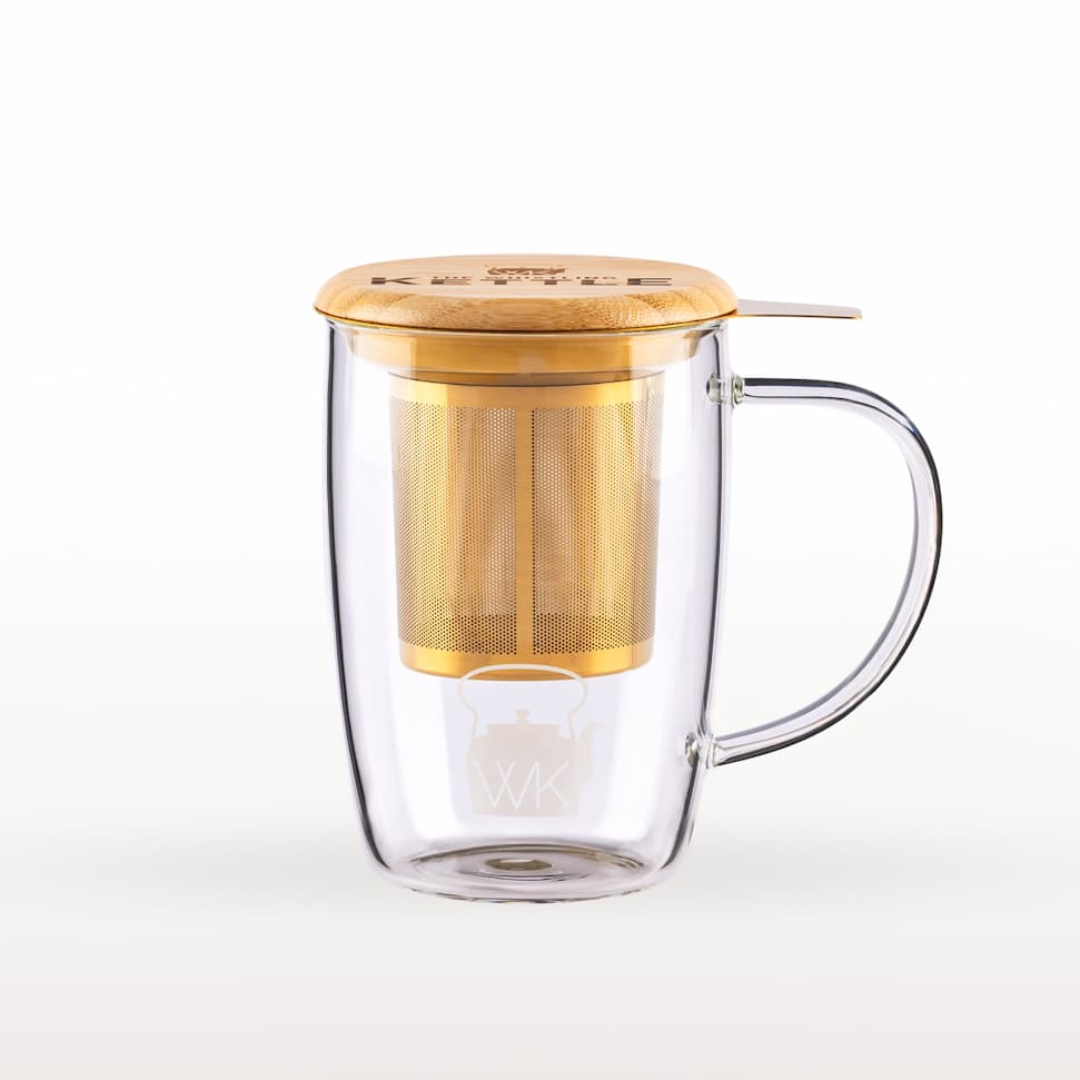 The Sipster glass teacup with gold infuser basket and bamboo lid