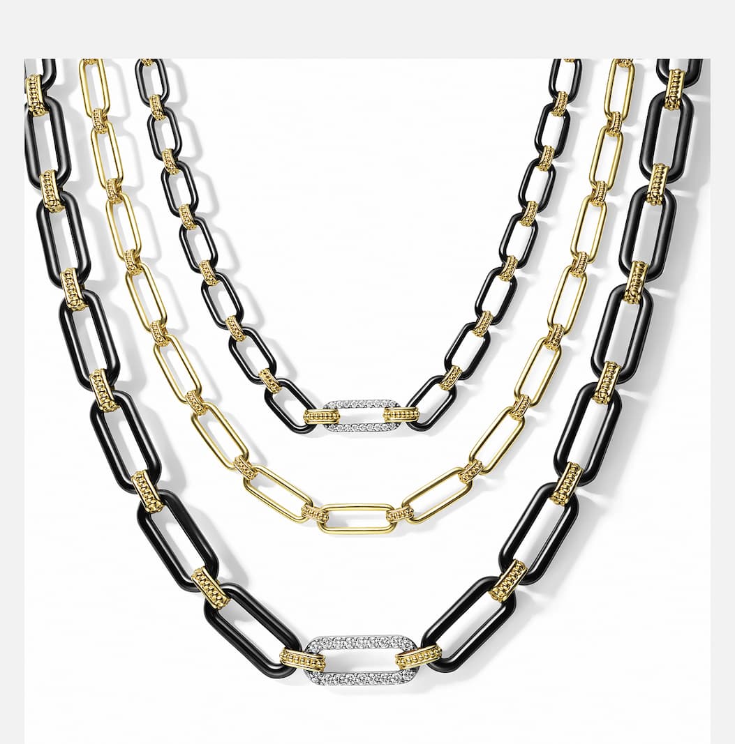Black ceramic, gold, and diamond necklaces