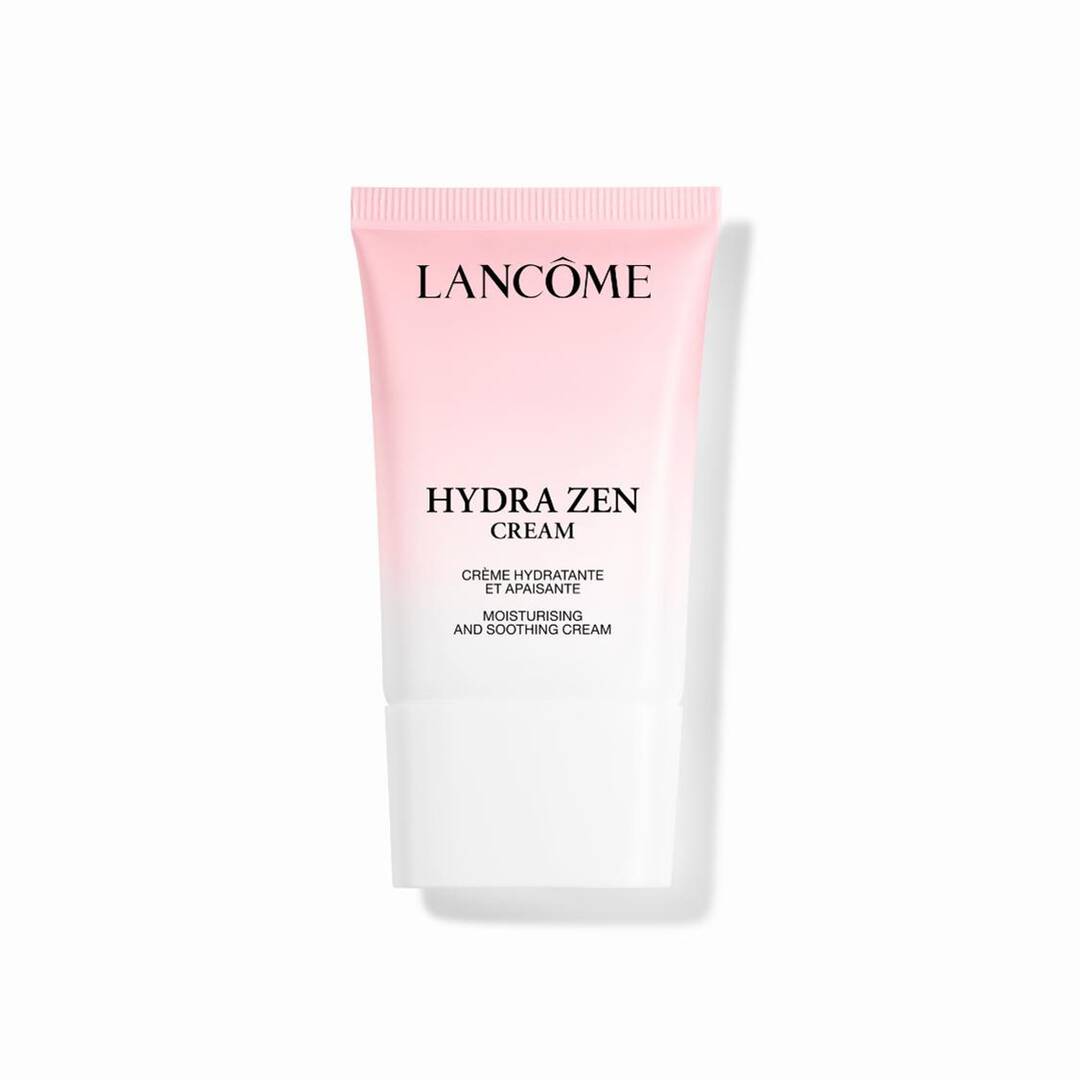 Tubetto Lancôme rosa e bianco con scritto "LANCÔME HYDRA ZEN CREAM".