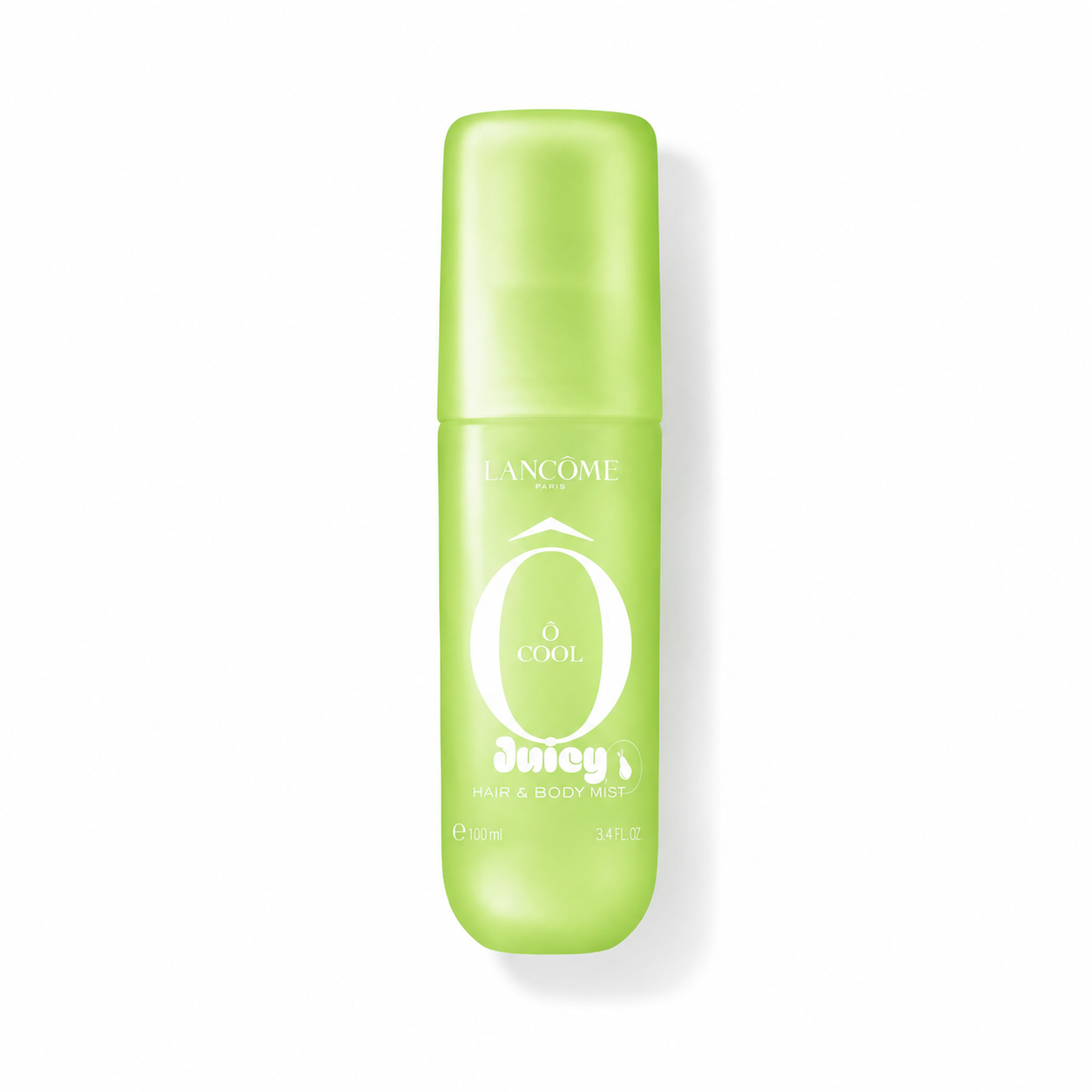 Spray verde Lancôme con scritto Spray verde Lancôme. Nell'immagine c'è scritto: "LANCÔME Ô L'EAU Juicy HAIR & BODY MIST"