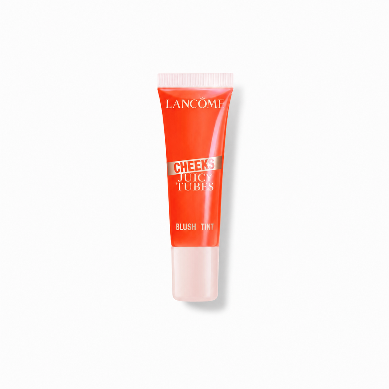 Tubetto di blush liquido Lancôme Cheeks Juicy Tubes color arancione brillante su sfondo bianco