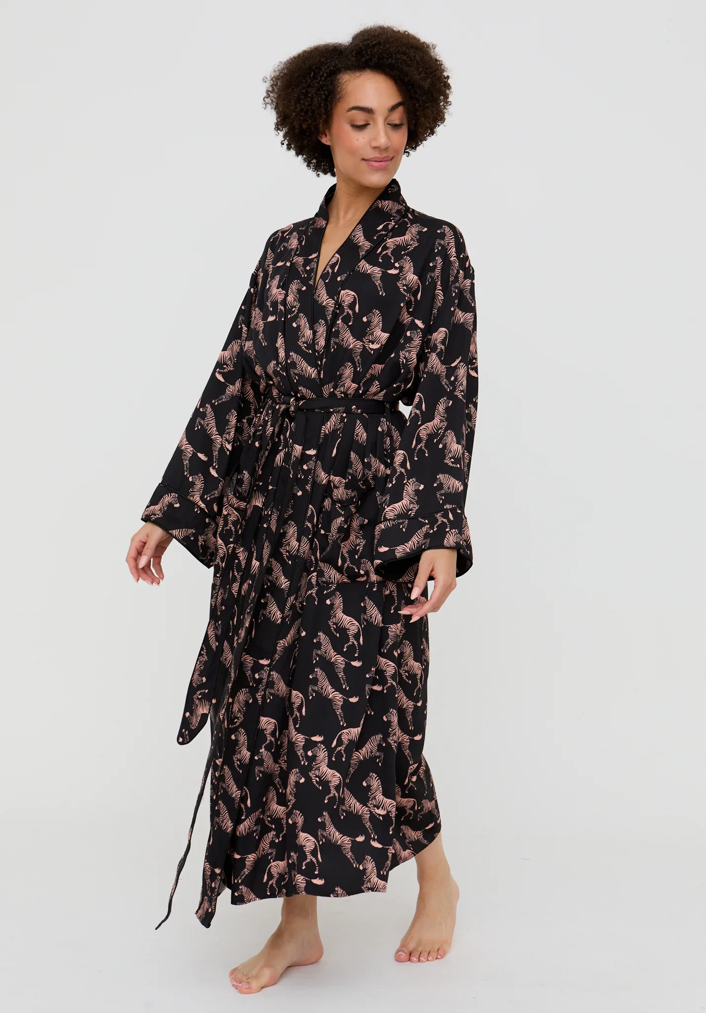 Image of Corina Kimono Style Curious Zebra Print Robe In Black