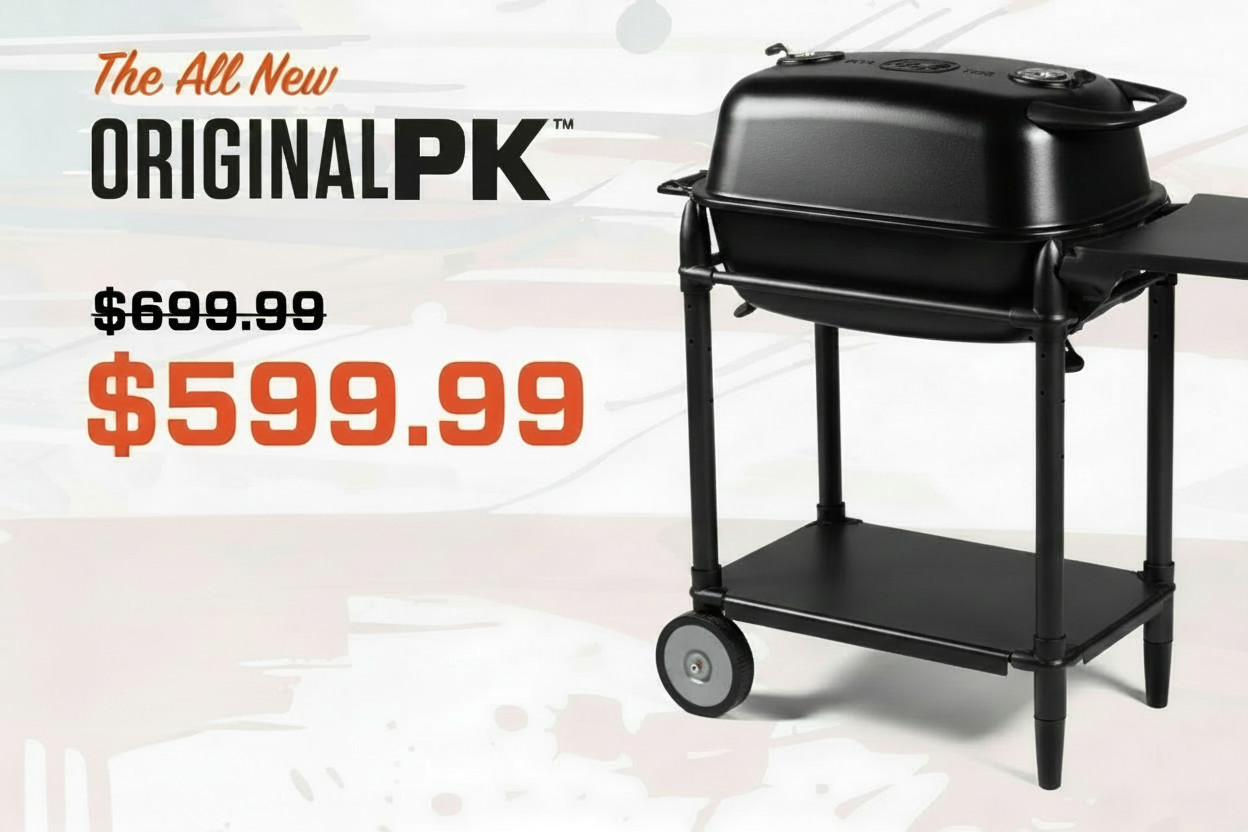 Original PK Cast Aluminum Grill on cart, now $599.99. Save $100 for a limited time.