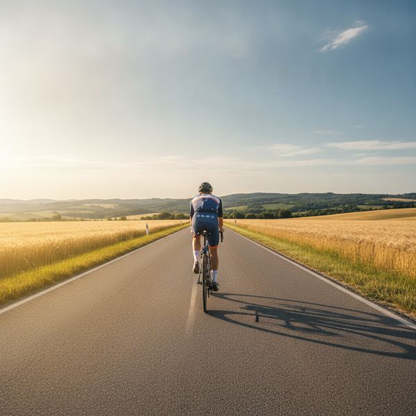Cyclist riding on quiet country road between golden wheat fields at sunrise, distant rolling hills and clear blue sky
