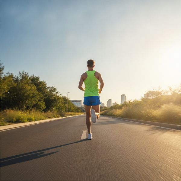 Man running on an empty road toward a city skyline at sunrise, wearing a neon vest and blue shorts