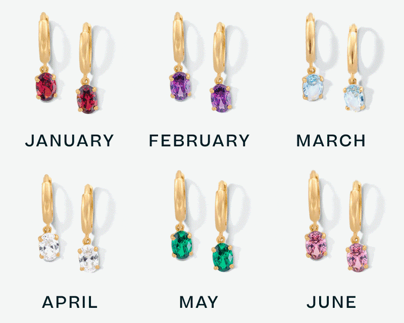 Rotating gold huggies with matching coloured birthstone dangling gemstones, paired with corresponding month.
