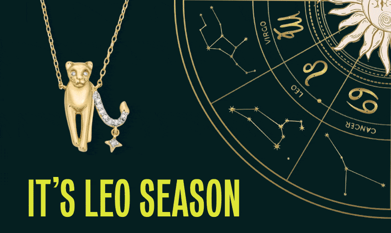 Rotating horoscope chart with gold Leo (lion) pendant necklace. Leo season.