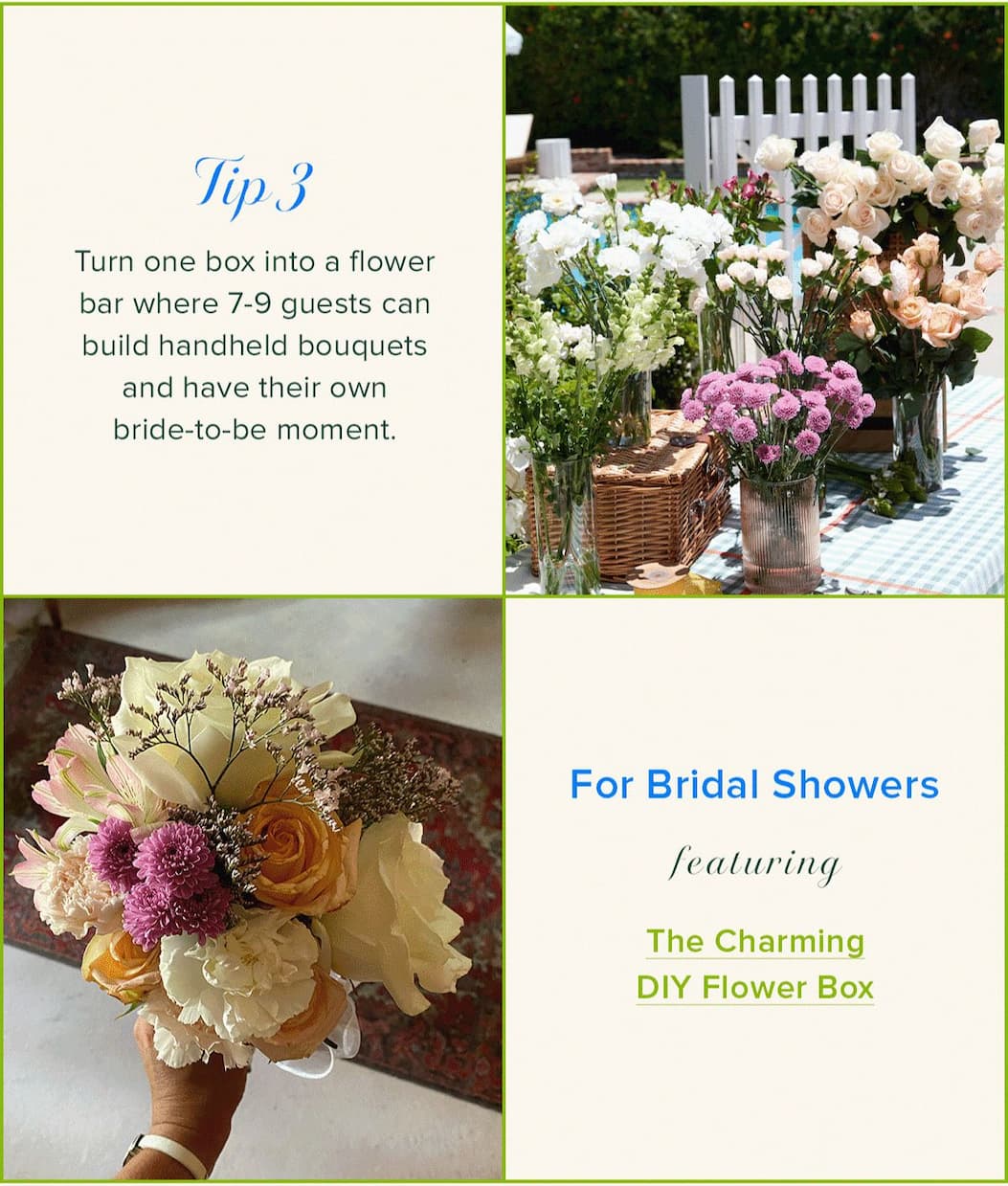 Tip 3: Turn one box into a flower bar (for a Bridal Shower) where 7-9 guest can build handheld bouquets and have their own bride-to-be moment. Featuring The Charming DIY Flower Box. 