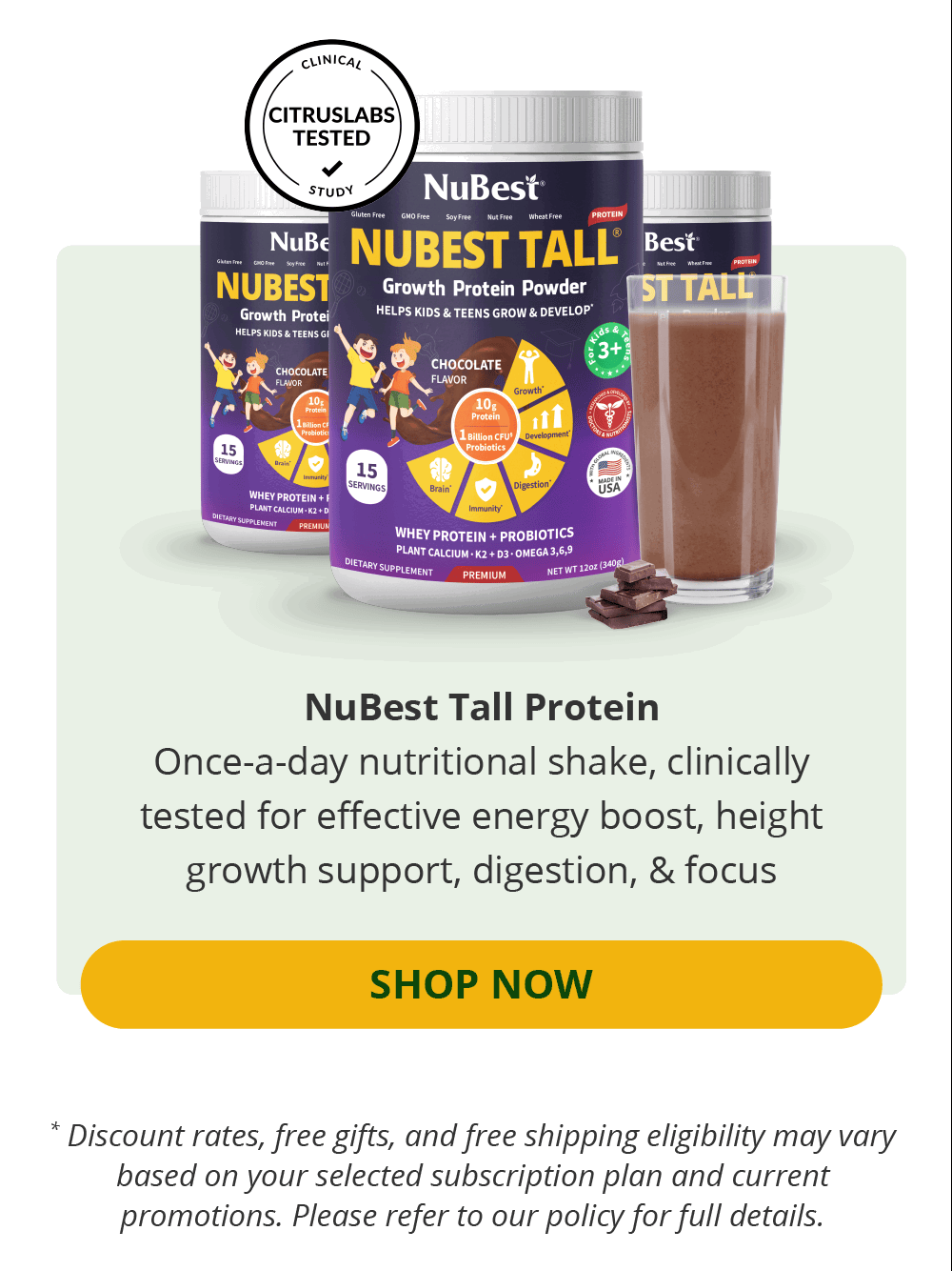 NuBest Tall Protein | Once-a-day nutritional shake, clinically tested for effective energy boost, height growth support, digestion, & focus | SHOP NOW