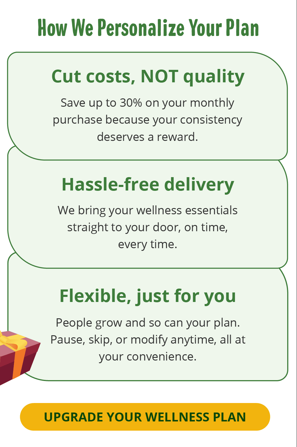 How We Personalize Your Plan | Cut costs, NOT quality | Save up to 30% on your monthly purchase because your consistency deserves a reward. | Hassle-free delivery | We bring your wellness essentials straight to your door, on time, every time. | Flexible, just for you | People grow and so can your plan. Pause, skip, or modify anytime, all at your convenience. | UPGRADE YOUR WELLNESS PLAN