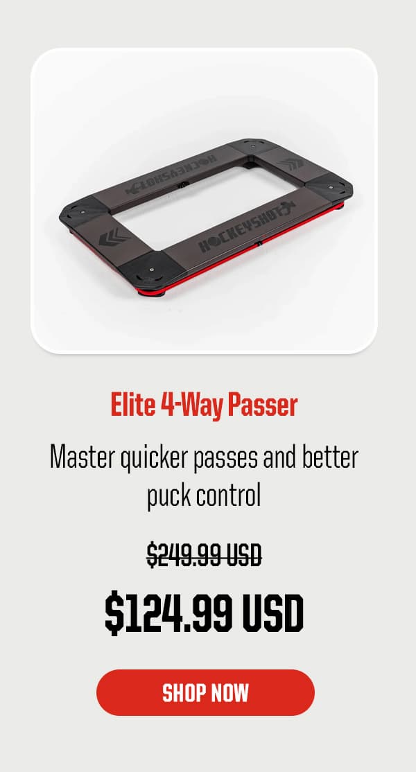 Product Block 1: Elite 4-Way Passer. Master quicker passes and better puck control. $124.99 USD (was $249.99 USD). CTA: Shop Now