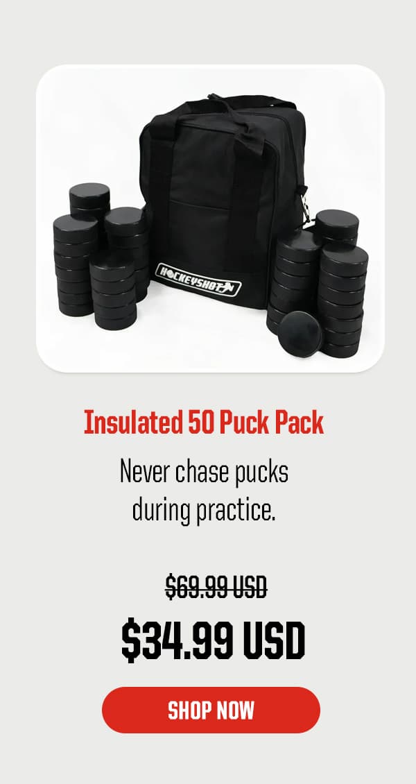 Product Block 5: Insulated 50 Puck Pack. Never chase pucks during practice. $34.99 USD (was $69.99 USD). CTA: Shop Now