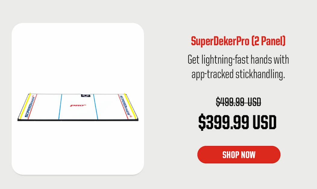 Product Block 3: SuperDekerPro (2 Panel). Get lightning-fast hands with app-tracked stickhandling. $399.99 USD (was $499.99 USD). CTA: Shop Now