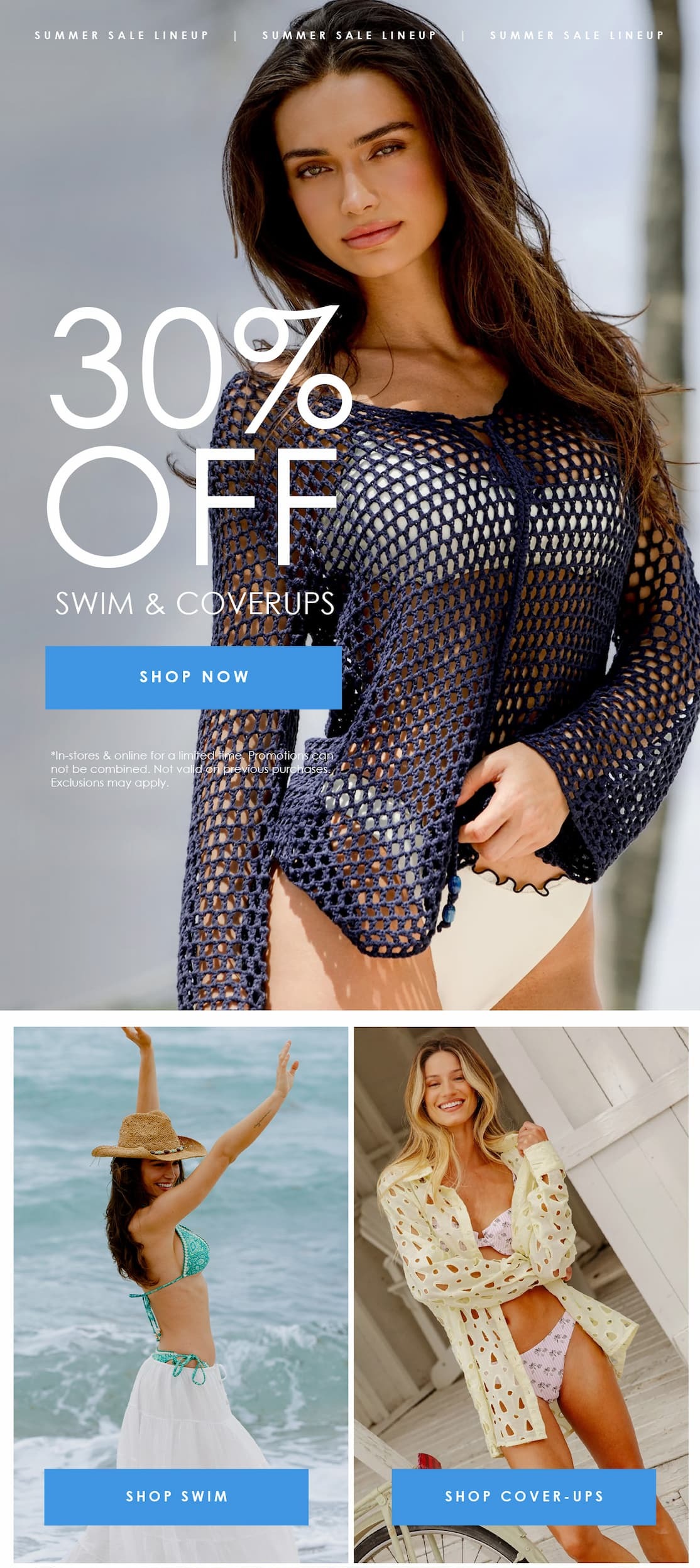 Summer sale graphic featuring a model in a navy crochet cover-up and white swim bottoms, promoting 30% off swim and cover-ups, with additional images linking to shop swim and cover-ups.