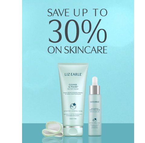 Save up to 30% on skincare. Liz Earle Cleanse & Polish Hot Cloth Cleanser and Skin Replenish Hydrating Serum.