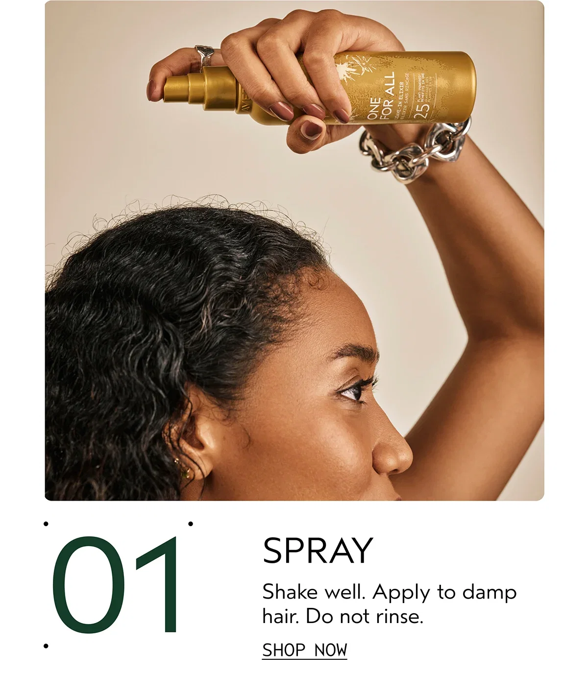 01 | SPRAY | Shake well. Apply to damp hair. Do not rinse. | SHOP NOW