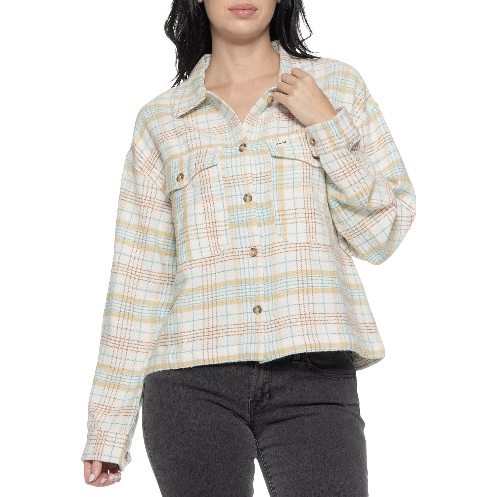 Hurley Roam Boxy Flannel Shirt for Women | Tofu | Size Large | Cotton