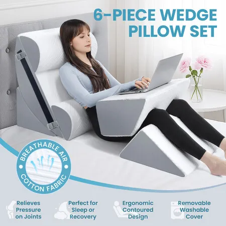 Bedding Wedge Pillow Bed Cushion Foam Back Neck Head Support Lumbar Leg Elevation Raiser Adjustable Triangle Rest Sleep Reading Cotton Fabric 6PCS Set