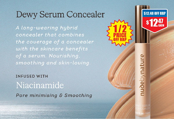 Shop Nude by Nature Dewy Serum Concealer range at 1/2 price off RRP at Chemist Warehouse sale ends 5 August 2026