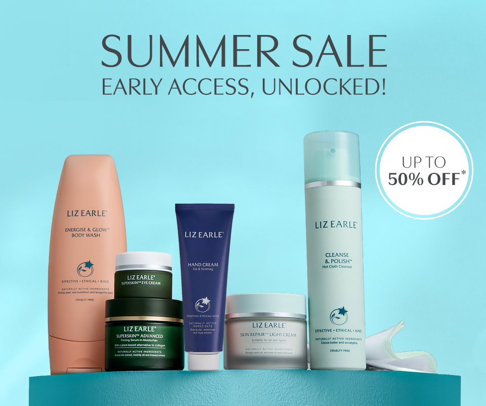 Summer sale. Early access, unlocked! Selection of Liz Earle skincare & bodycare products on a blue plinth. Up to 50% off.