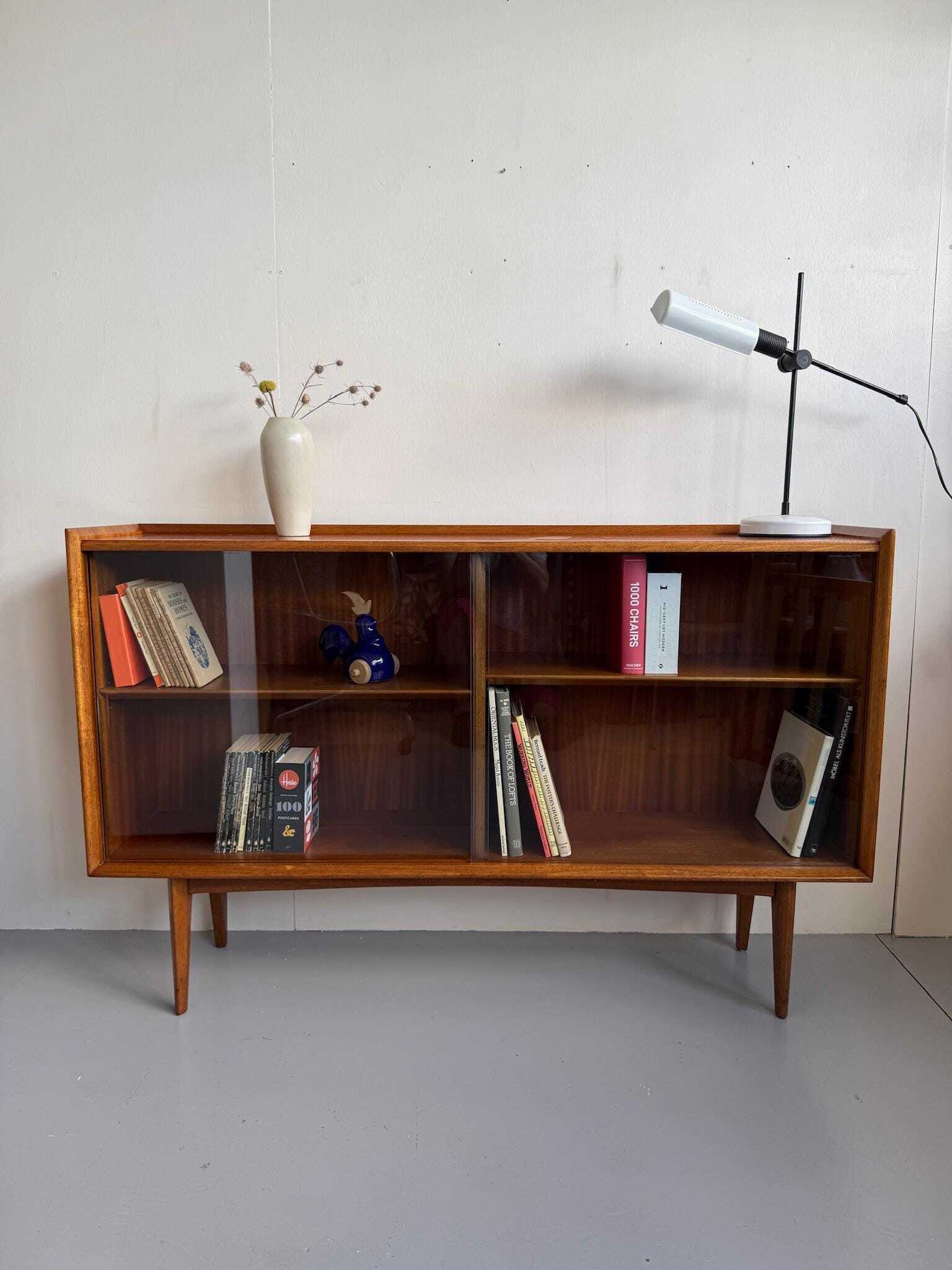 Mid Century Modern Bookcase Display Cabinet With Sliding Glass Doors
