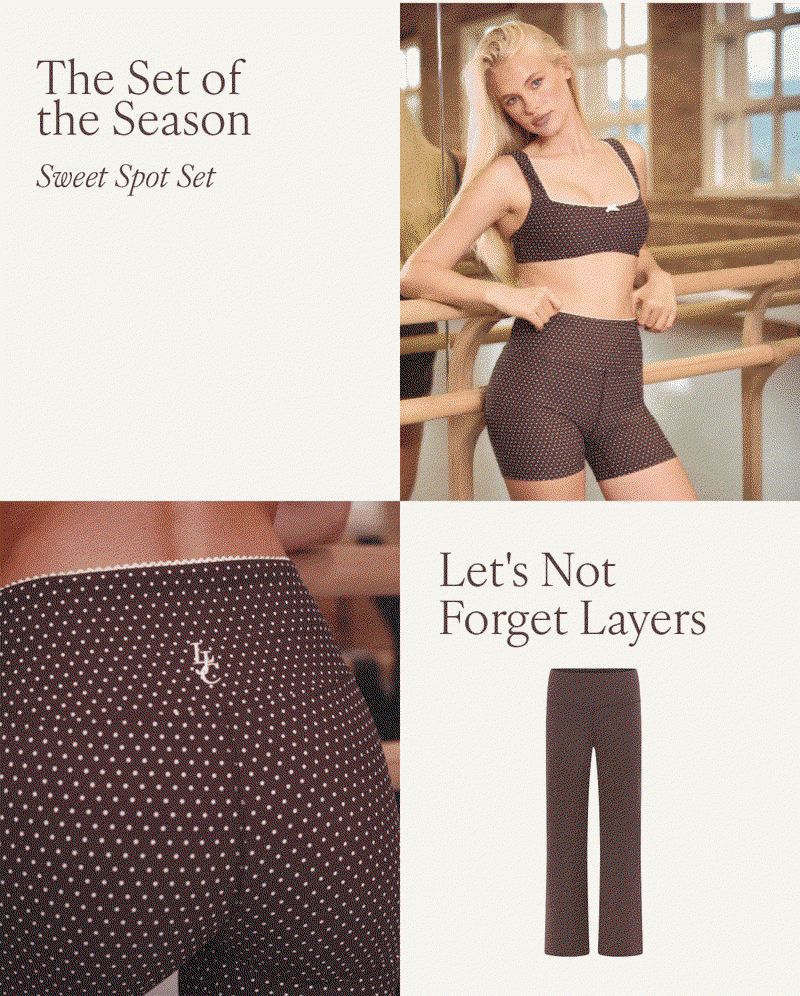 The Set of the Season, Sweet Spot Set. Woman in brown polka dot bra and bike shorts at a ballet barre.