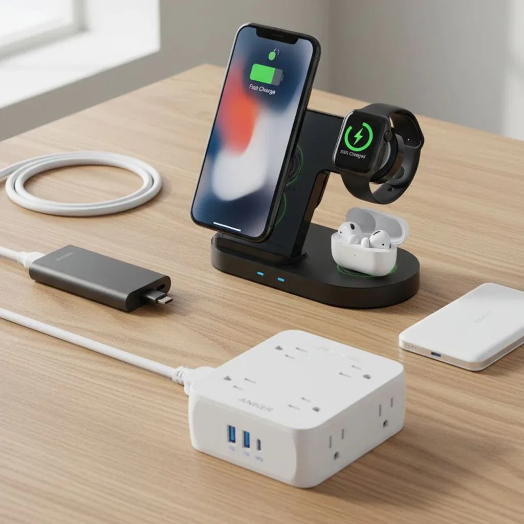 Wireless charging station with smartphone, smartwatch, and earbuds on wooden desk with power strip and cables.