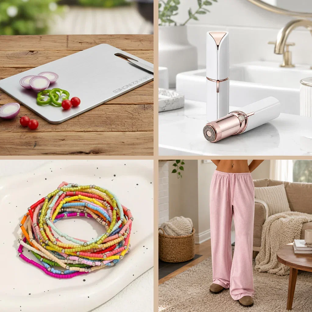 Trending TikTok Finds collection featuring a cutting board, beauty products, beaded bracelets, and pink loungewear.