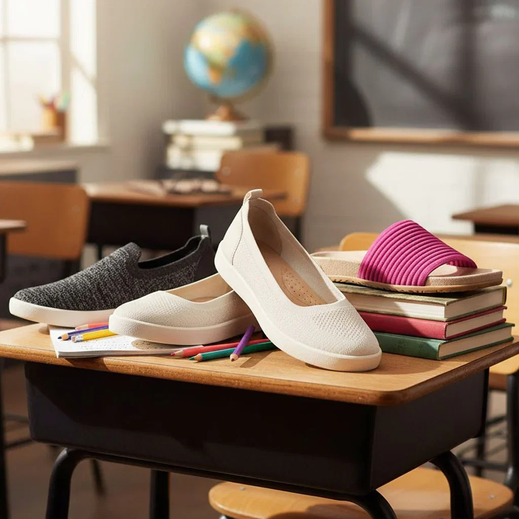 School-Ready Footwear collection displayed on classroom desk with books and pencils, featuring white, black, and pink slip-on shoes.