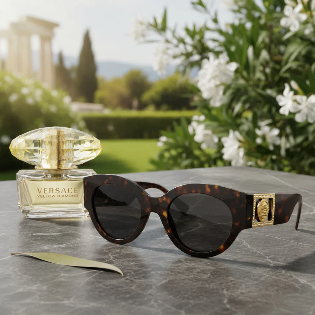 Versace sunglasses and Yellow Diamond perfume displayed on marble surface with garden scenery background