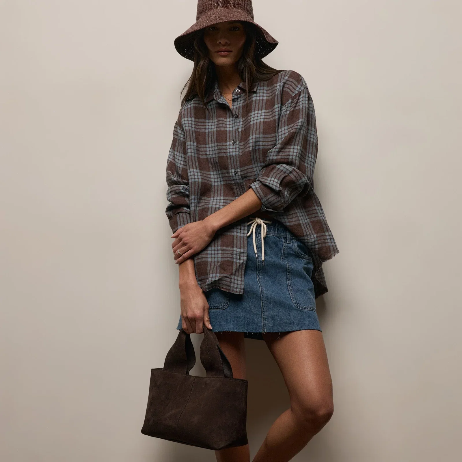Image of Plaid Linen Oversized Shirt - Plum Plaid