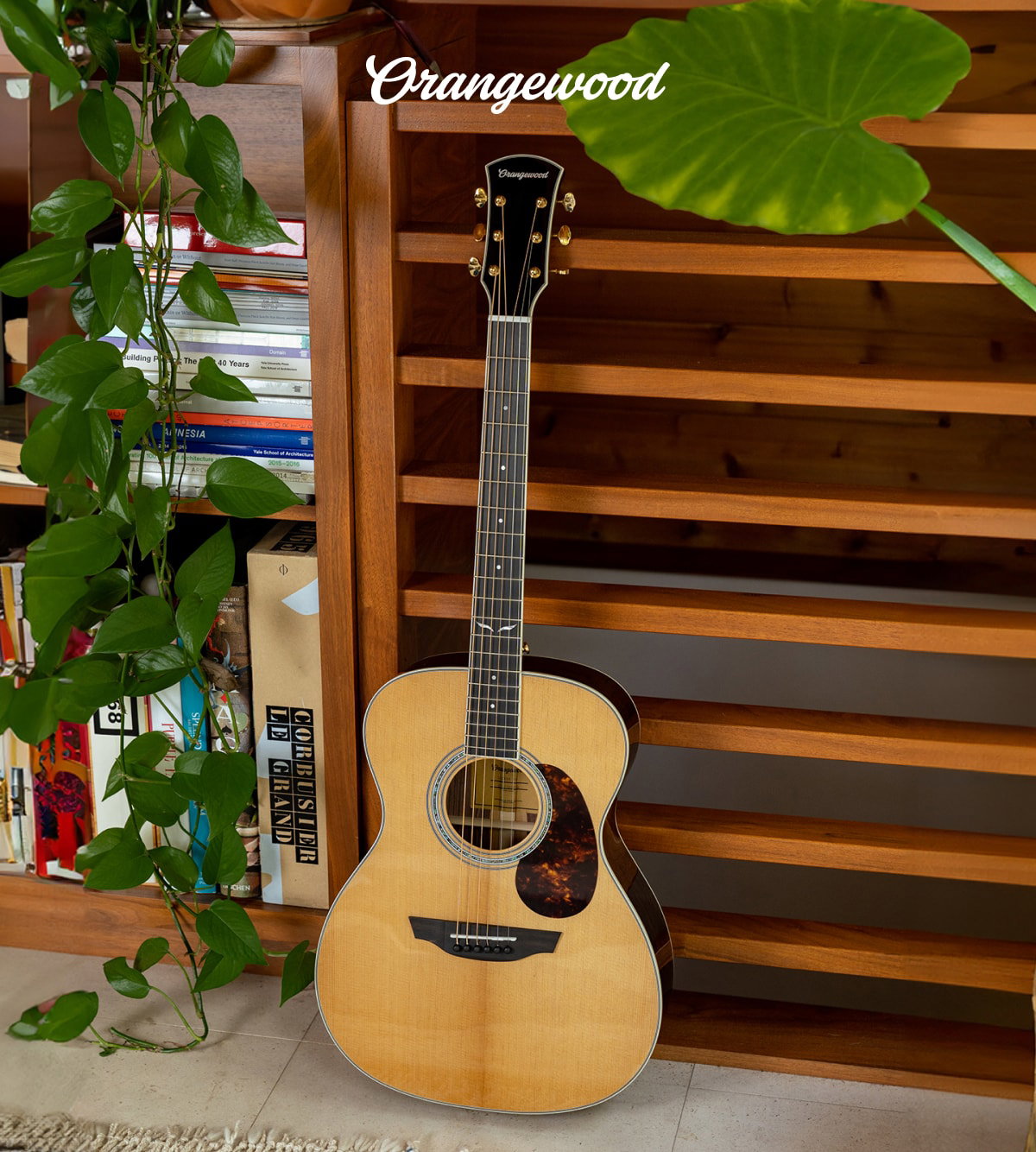 Orangewood logo, parlor mahogany guitar