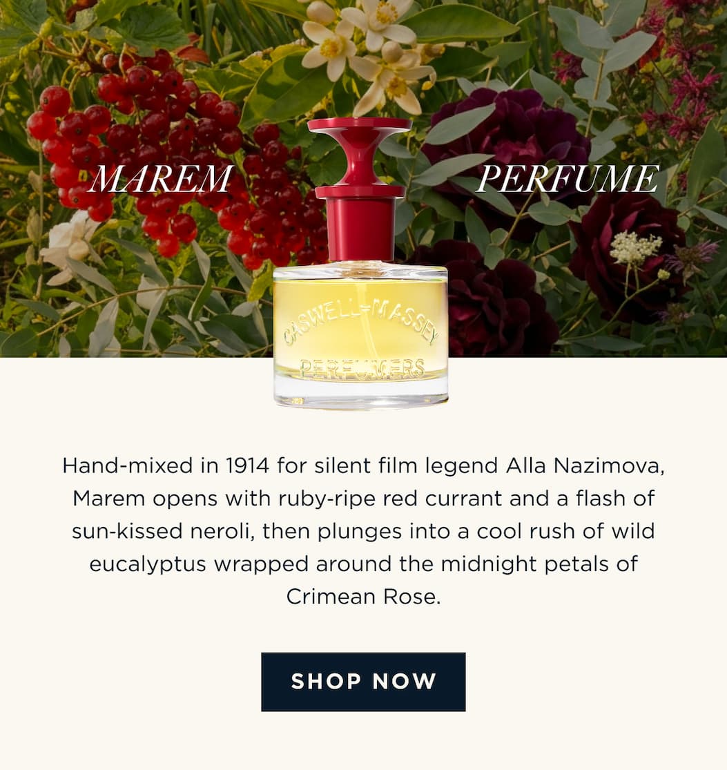MAREM PERFUME - Hand-mixed in 1914 for silent film legend Alla Nazimova, Marem opens with ruby‑ripe red currant and a flash of sun‑kissed neroli, then plunges into a cool rush of wild eucalyptus wrapped around the midnight petals of Crimean Rose. [ SHOP NOW ]