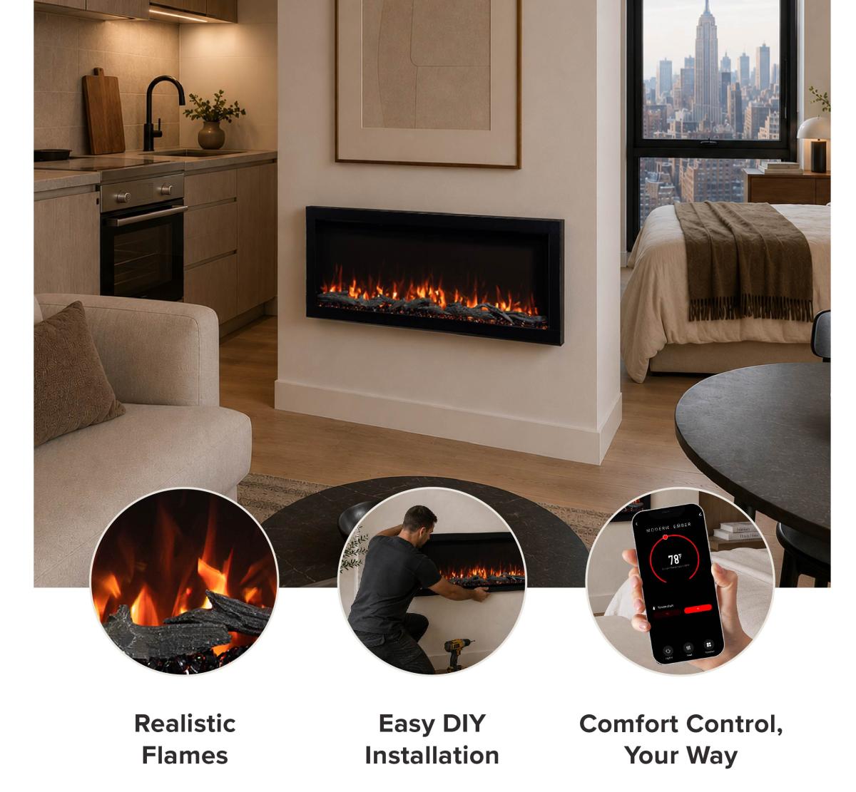 Wall-mounted electric fireplace with digital controls.