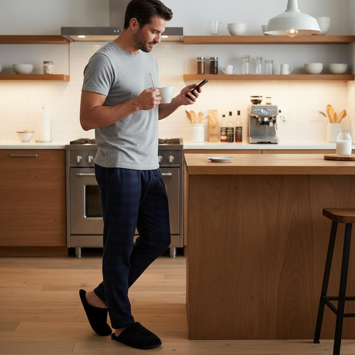 Man in slippers on his phone 
