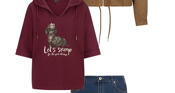 Sweatshirt, Weinrot, Hundemotiv, Kapuze, halblangarm, Produktansicht, Jeansshorts, Dunkelblau, Produktansicht, Jacke, Braun, Kordelzug, Produktansicht
